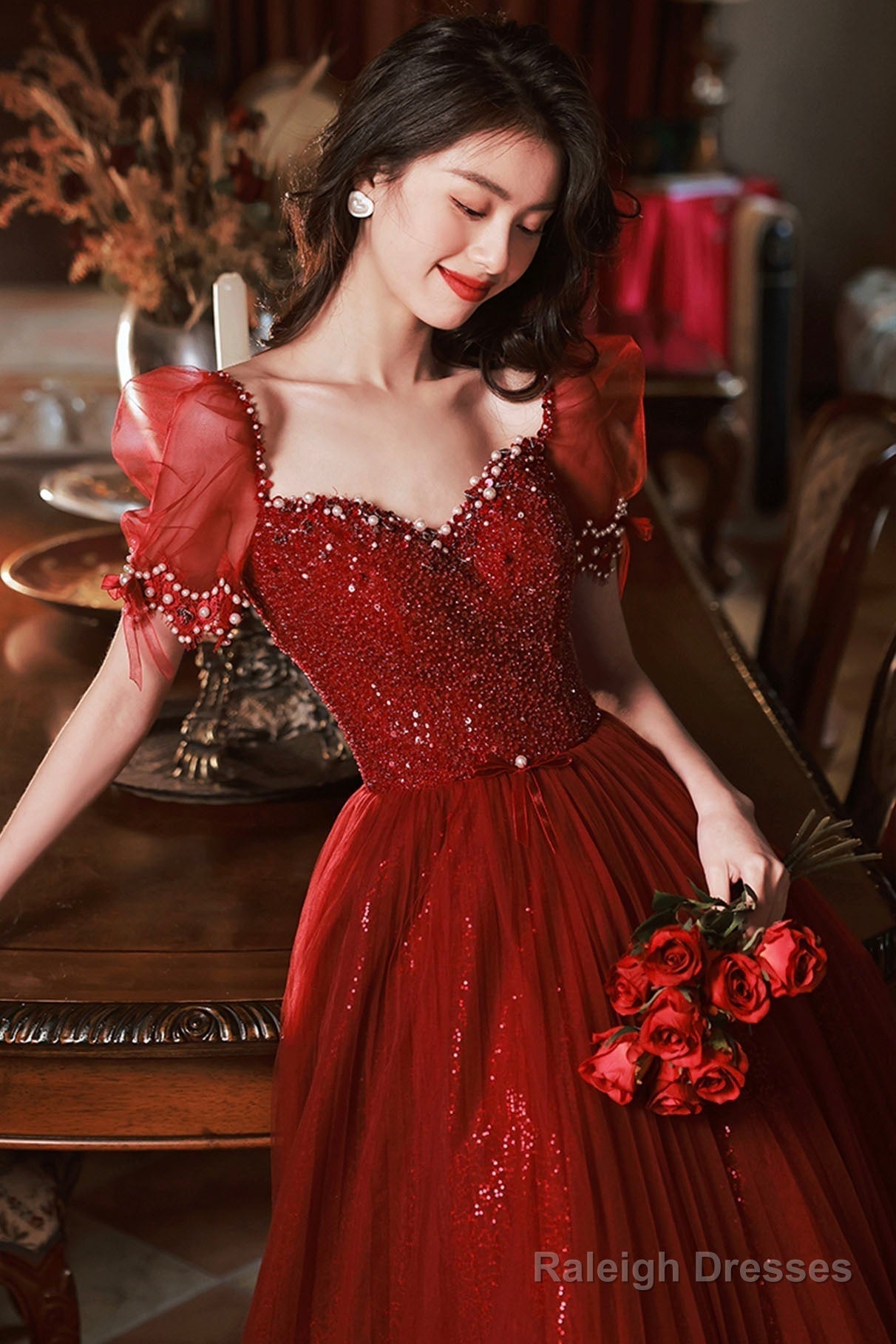 Burgundy Beaded Chic Long A-Line Prom Dresses Cute Short Sleeve Prom Dresses