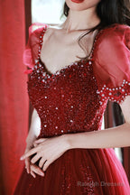 Burgundy Beaded Chic Long A-Line Prom Dress, Cute Short Sleeve Party Dress