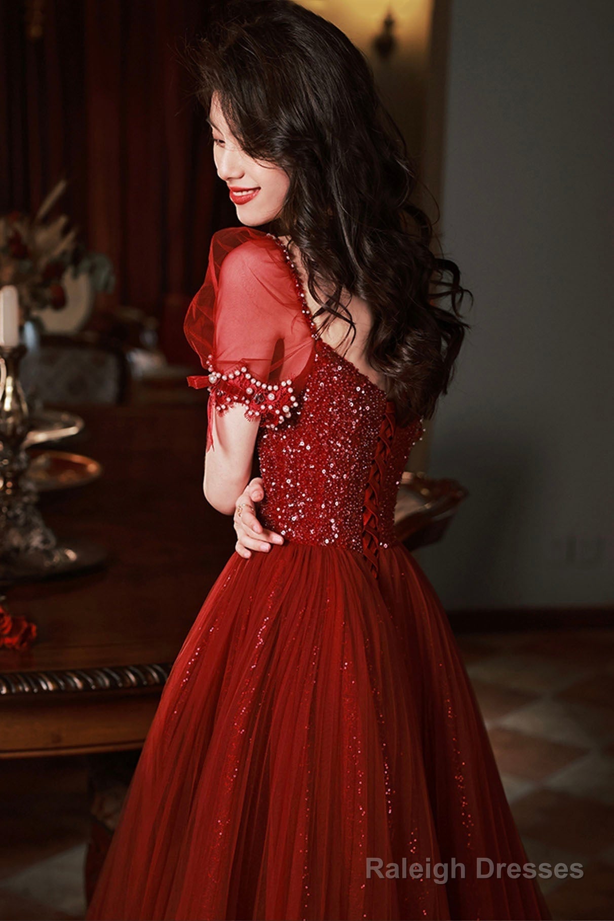 Burgundy Beaded Chic Long A-Line Prom Dress, Cute Short Sleeve Party Dress