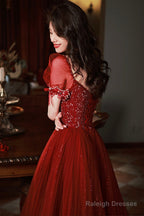 Burgundy Beaded Chic Long A-Line Prom Dresses Cute Short Sleeve Prom Dresses