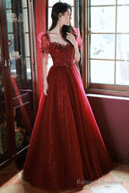 Burgundy Beaded Chic Long A-Line Prom Dresses Cute Short Sleeve Prom Dresses