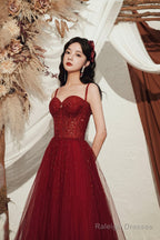 Burgundy Beaded Long A-Line Prom Dress, Burgundy Straps Evening Dress