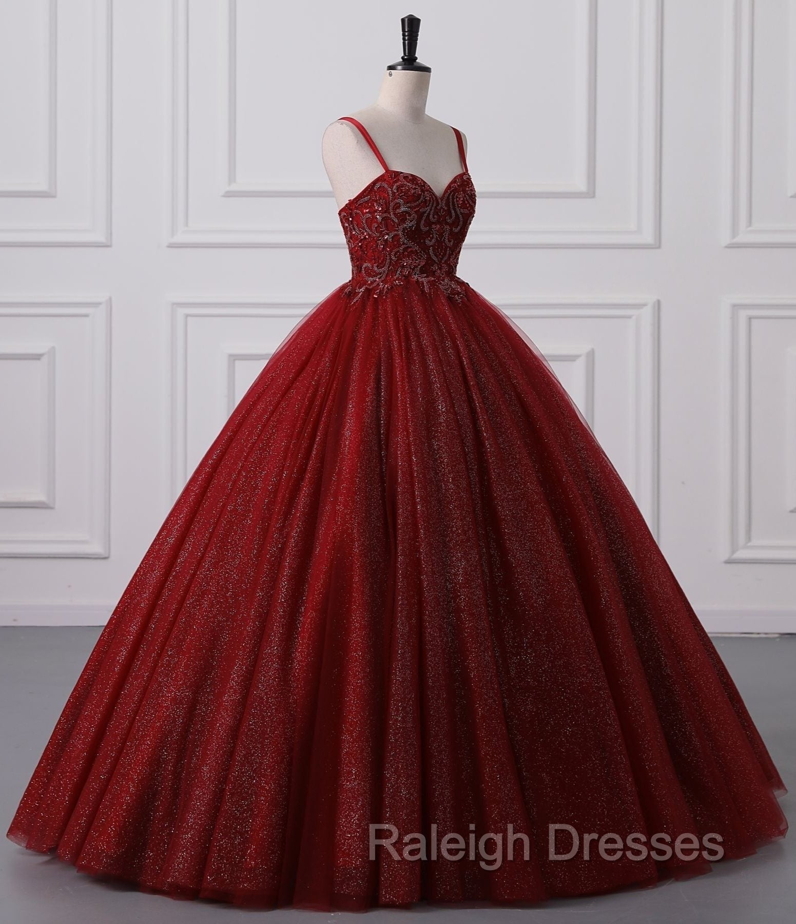 Burgundy Bling Tulle Ball gowns Long Prom Dress with Embroidered Sequins Secondary image