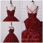Burgundy Bling Tulle Ball gowns Long Prom Dress with Embroidered Sequins