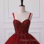Burgundy Bling Tulle Ball gowns Long Prom Dress with Embroidered Sequins