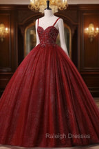 Burgundy Bling Tulle Ball gowns Long Prom Dress with Embroidered Sequins