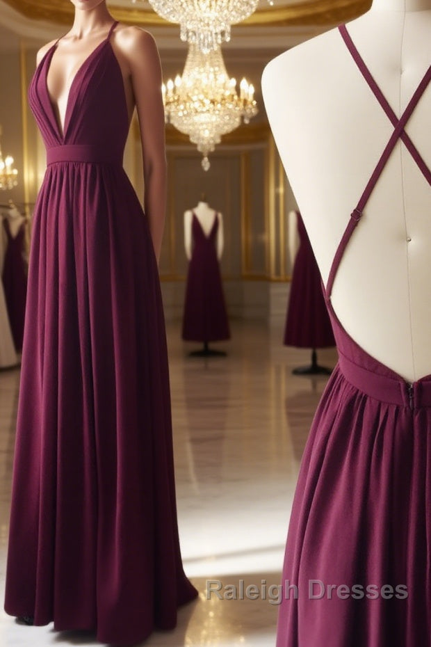 Burgundy chiffon long prom dress, burgundy evening dress Main image