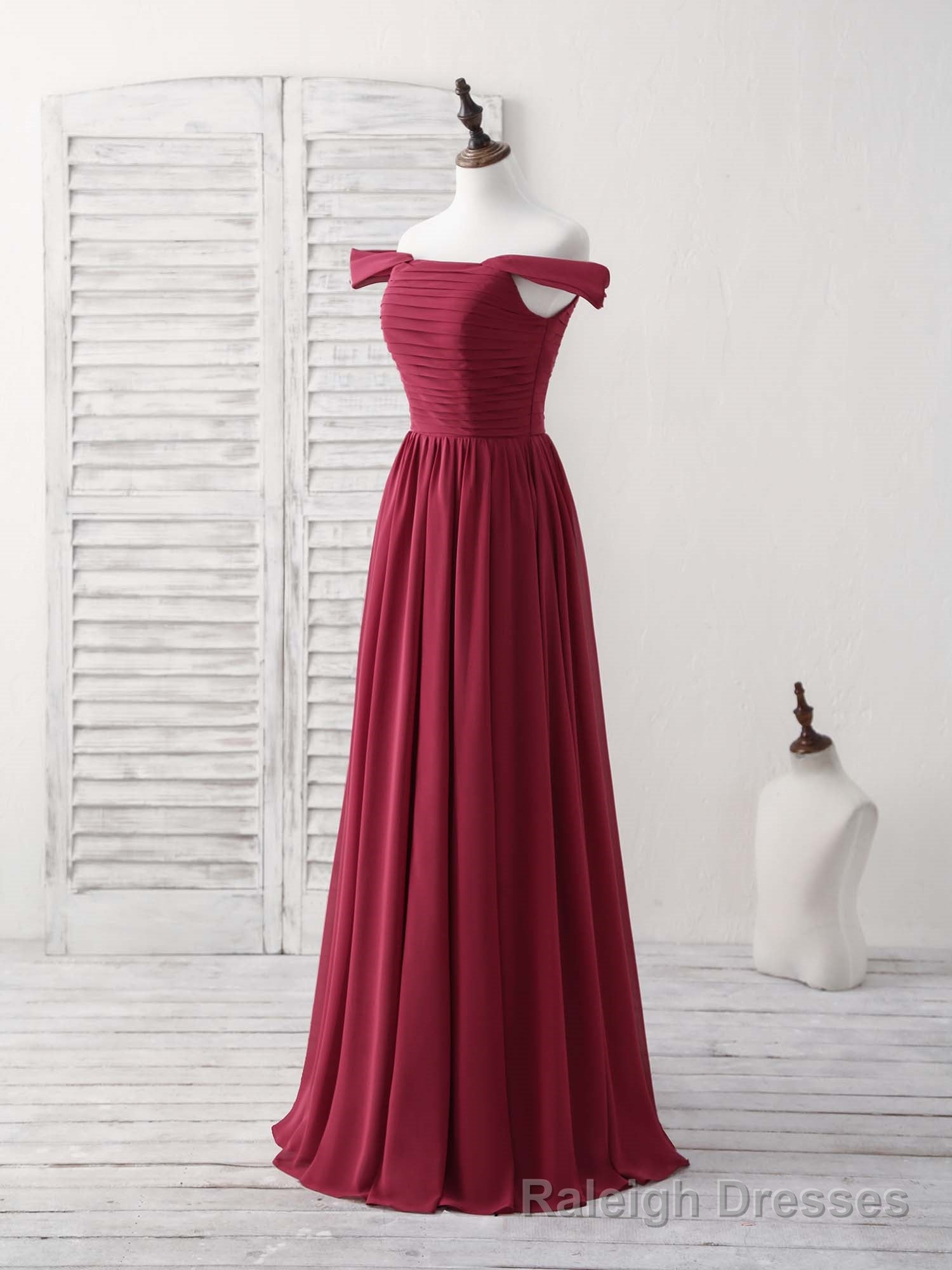 Burgundy Chiffon Off Shoulder Long Prom Dress Burgundy Bridesmaid Dress Secondary image