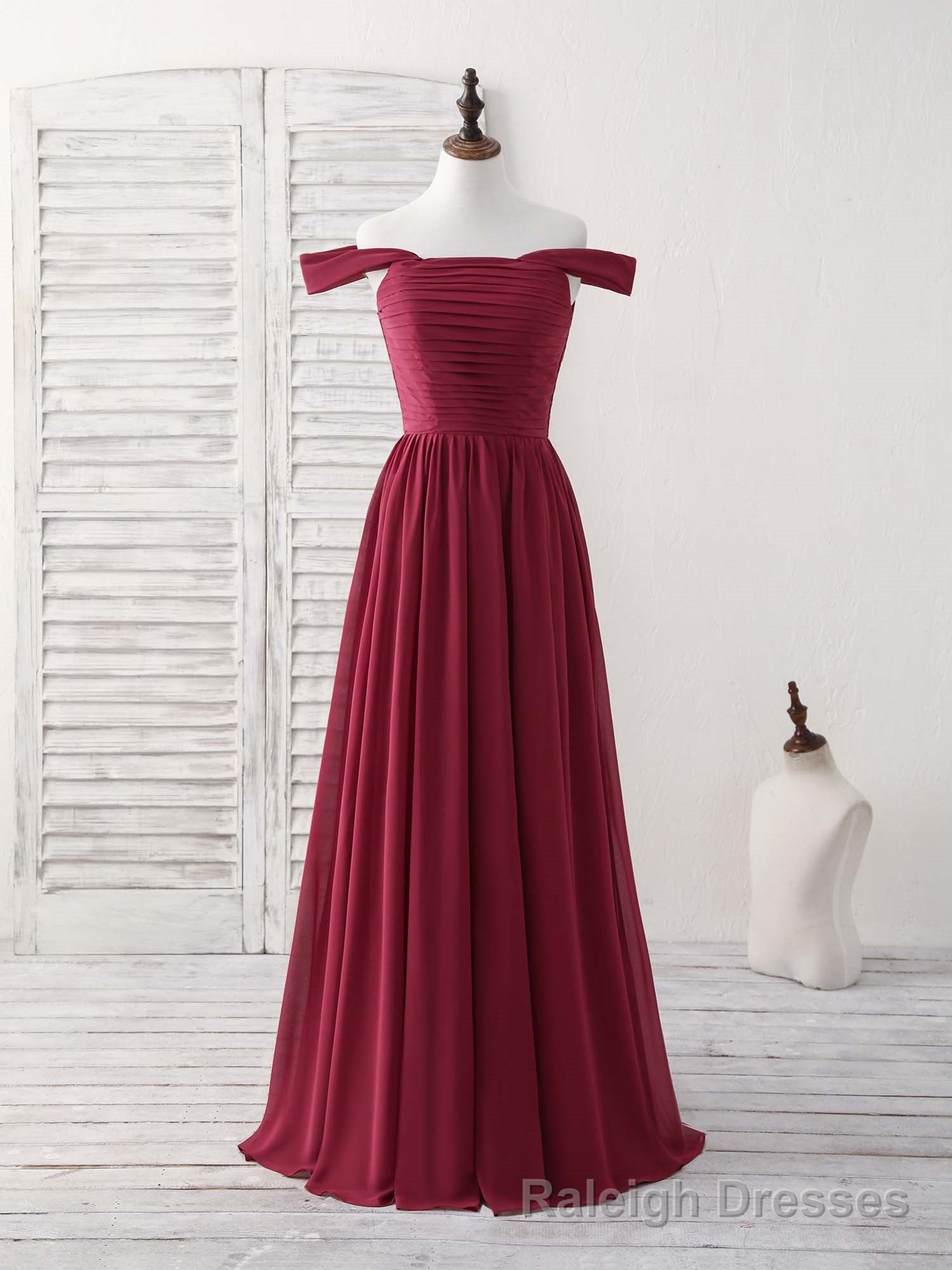 Burgundy Chiffon Off Shoulder Long Prom Dress Burgundy Bridesmaid Dress Main image