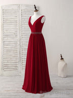 Burgundy Chiffon V Neck Beads Long Prom Dress Burgundy Prom Dress