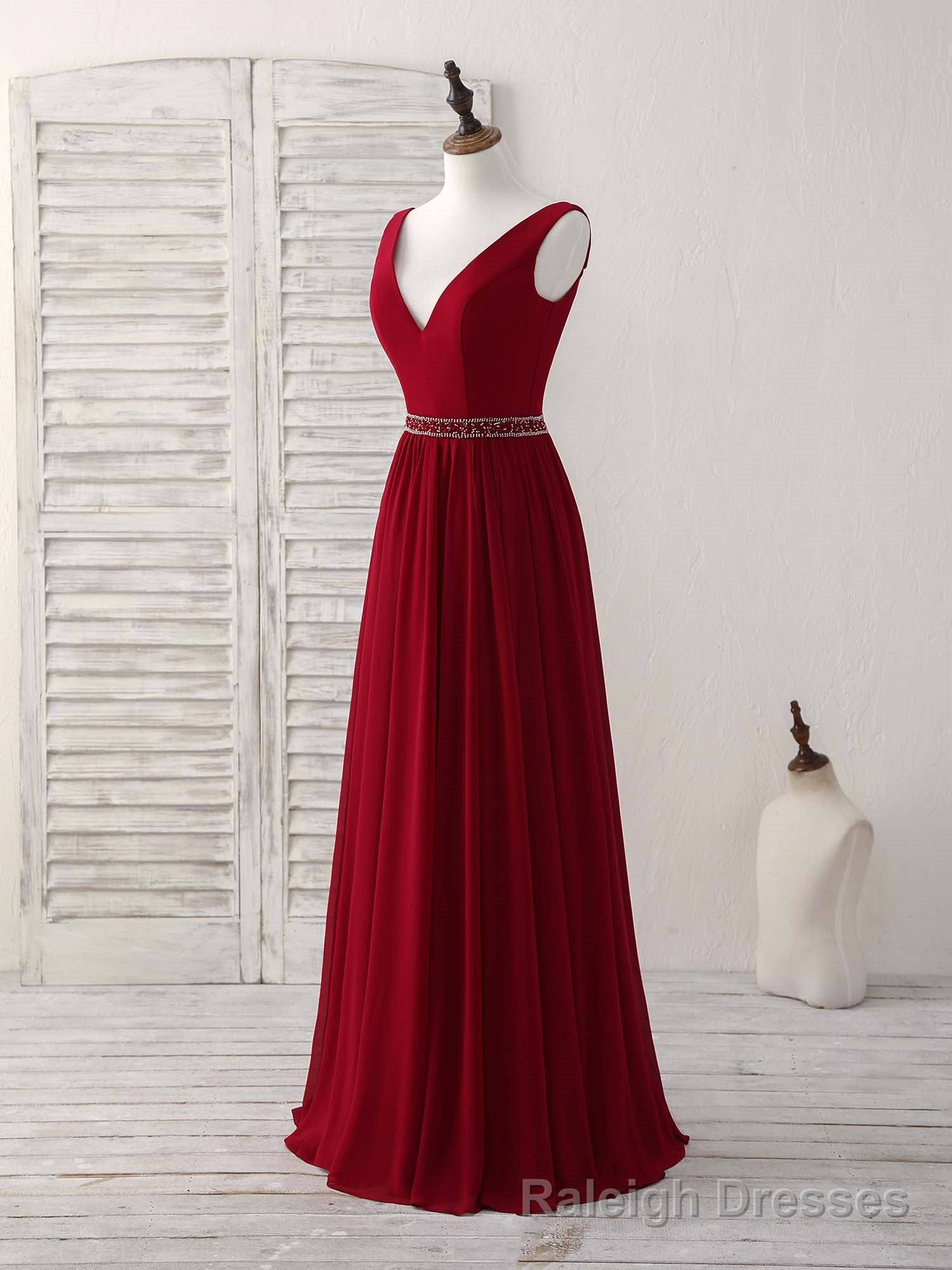 Burgundy Chiffon V Neck Beads Long Prom Dress Burgundy Evening Dress Main image