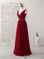 Burgundy Chiffon V Neck Beads Long Prom Dress Burgundy Evening Dress