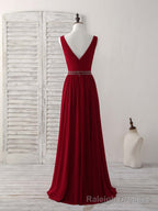 Burgundy Chiffon V Neck Beads Long Prom Dress Burgundy Evening Dress