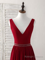 Burgundy Chiffon V Neck Beads Long Prom Dress Burgundy Evening Dress