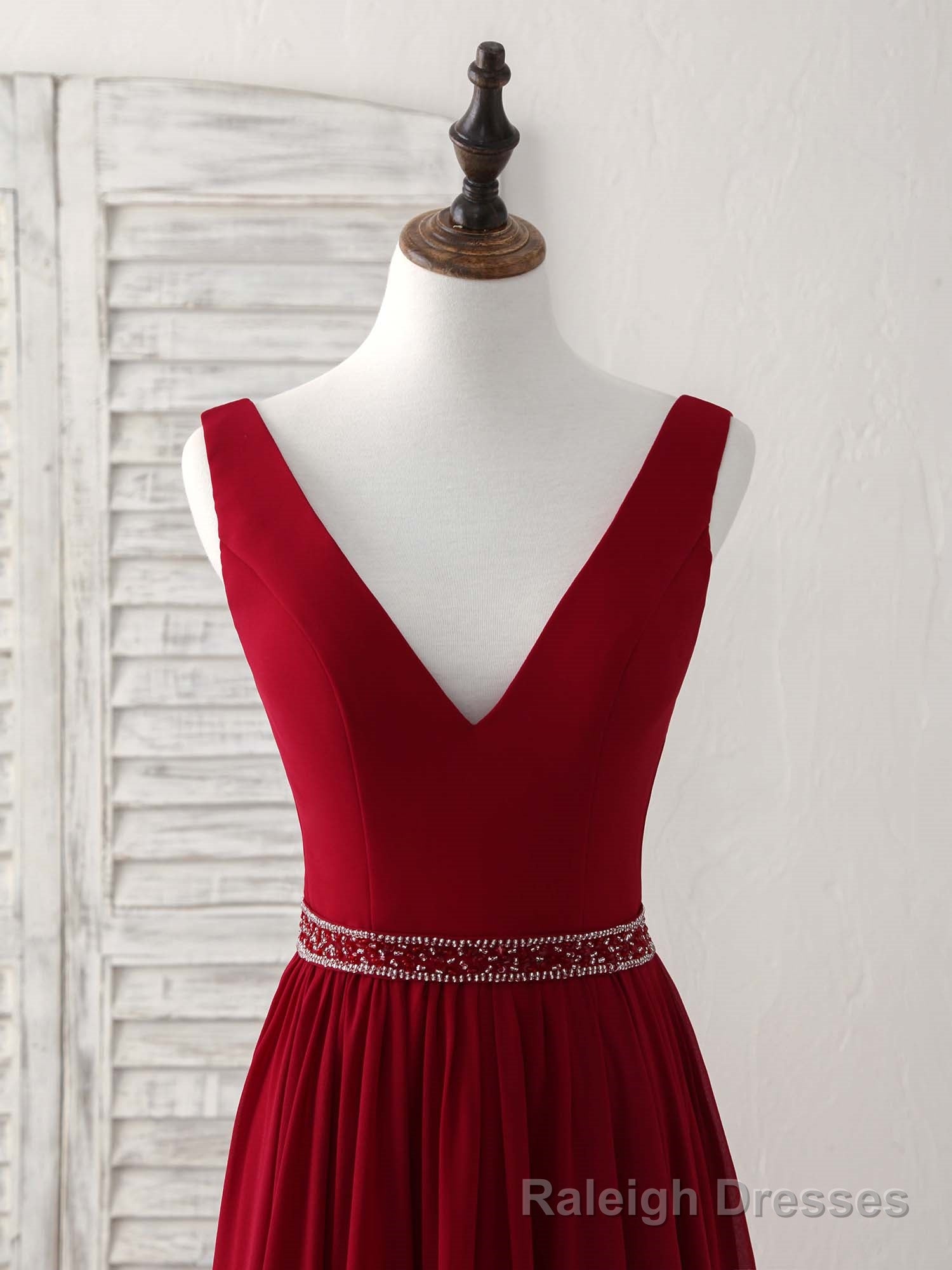 Burgundy Chiffon V Neck Beads Long Prom Dress Burgundy Evening Dress