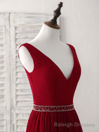Burgundy Chiffon V Neck Beads Long Prom Dress Burgundy Prom Dress