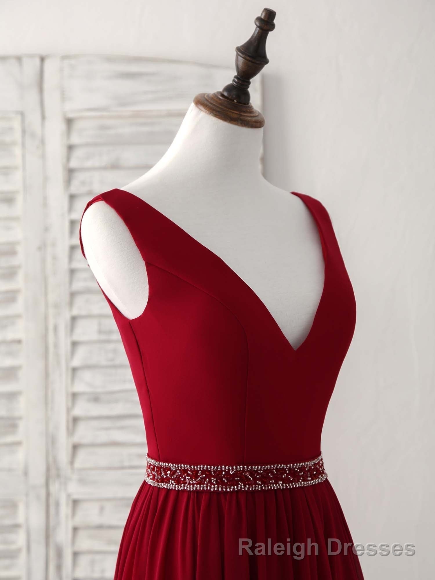 Burgundy Chiffon V Neck Beads Long Prom Dress Burgundy Prom Dress