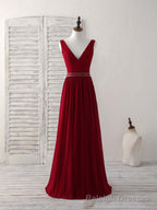 Burgundy Chiffon V Neck Beads Long Prom Dress Burgundy Prom Dress