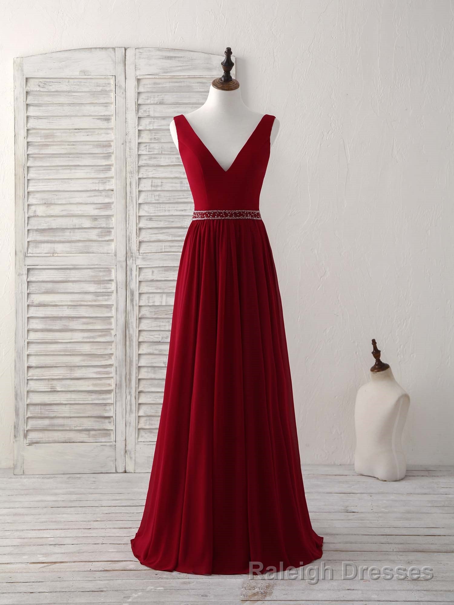 Burgundy Chiffon V Neck Beads Long Prom Dress Burgundy Prom Dress