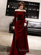 Burgundy Classic Evening Dresses Velvet Long Sleeve Off Shoulder Prom Dresses