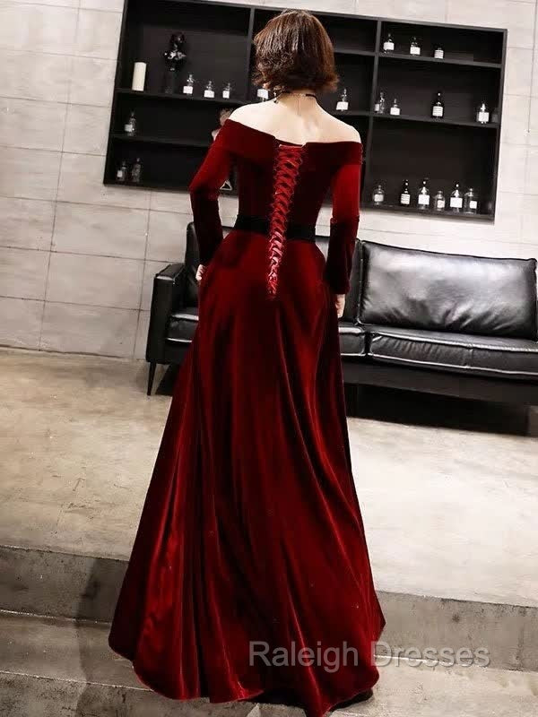 Burgundy Classic Evening Dresses Velvet Long Sleeve Off Shoulder Prom Dresses