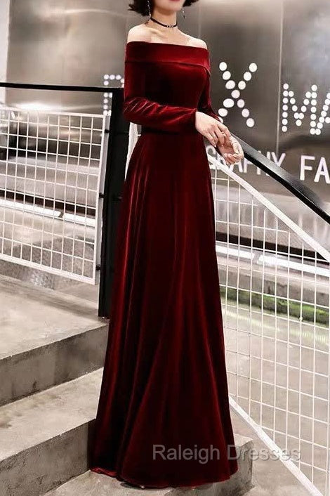 Burgundy Classic Evening Dresses Velvet Long Sleeve Off Shoulder Prom Dresses Main image