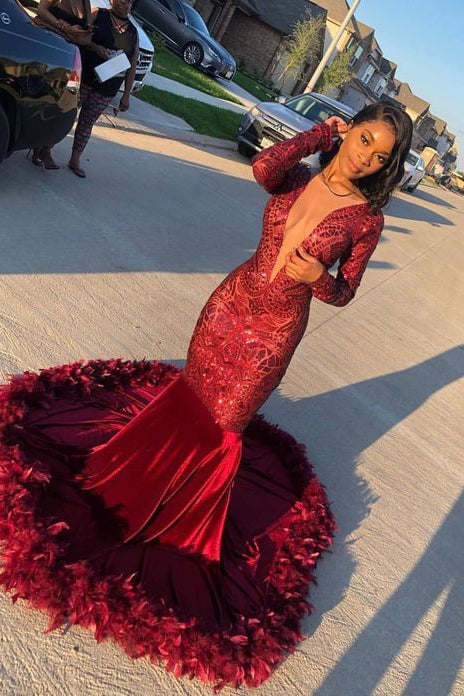 Burgundy Deep V-Neck Long Sleeve Mermaid Prom Dress With Sequins Secondary image