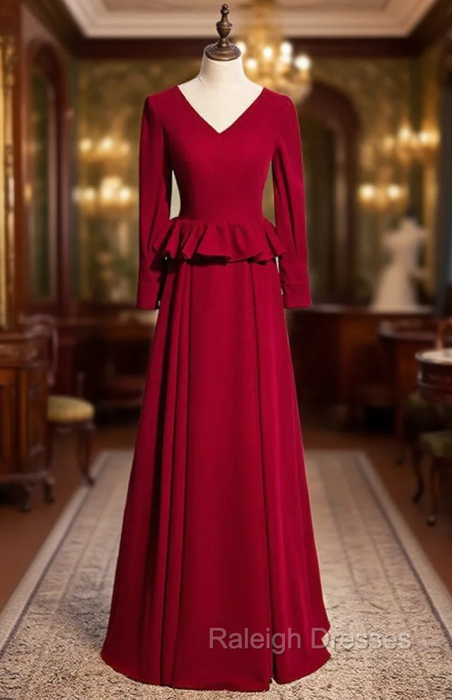 Burgundy Deep V-neck Long Sleeve Prom Dress