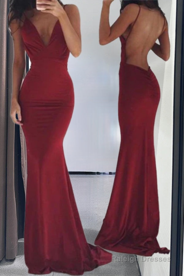 Burgundy Evening Gowns Stretchy Spaghettis Straps Backless Column Prom Dresses Secondary image