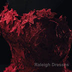 Burgundy Floral Lace Sweetheart Tulle Ball Gown Wedding Dresses