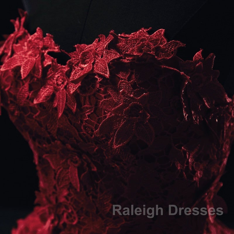 Burgundy Floral Lace Sweetheart Tulle Ball Gown Wedding Dresses