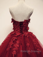 Burgundy Floral Lace Sweetheart Tulle Ball Gown Wedding Dress