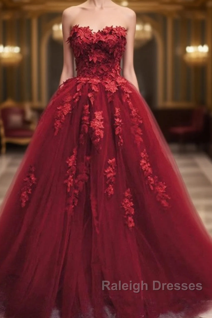 Burgundy Floral Lace Sweetheart Tulle Ball Gown Wedding Dress Main image