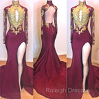 Burgundy Gold Appliques Long Sleevess Side Slit Open Back Mermaid Prom Dresses
