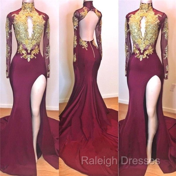 Burgundy Gold Appliques Long Sleevess Side Slit Open Back Mermaid Prom Dresses
