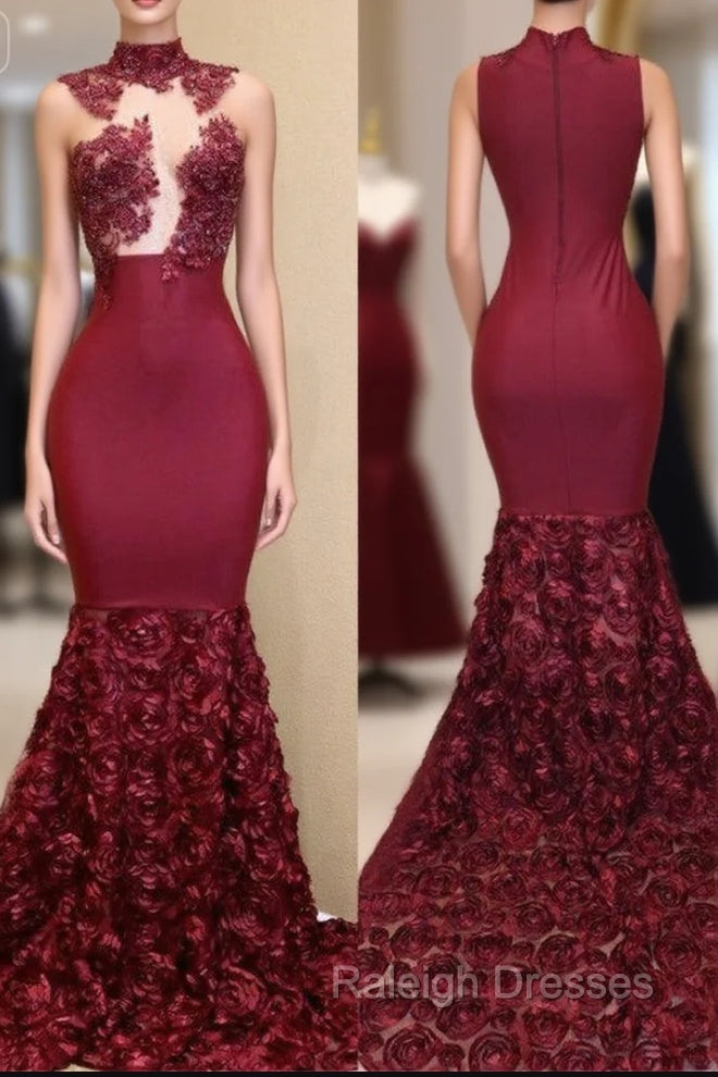 Burgundy Gold Appliques Long Sleevess Side Slit Open Back Mermaid Prom Dresses Main image