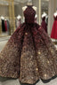 Burgundy Gold Sequins Halter Prom Dress