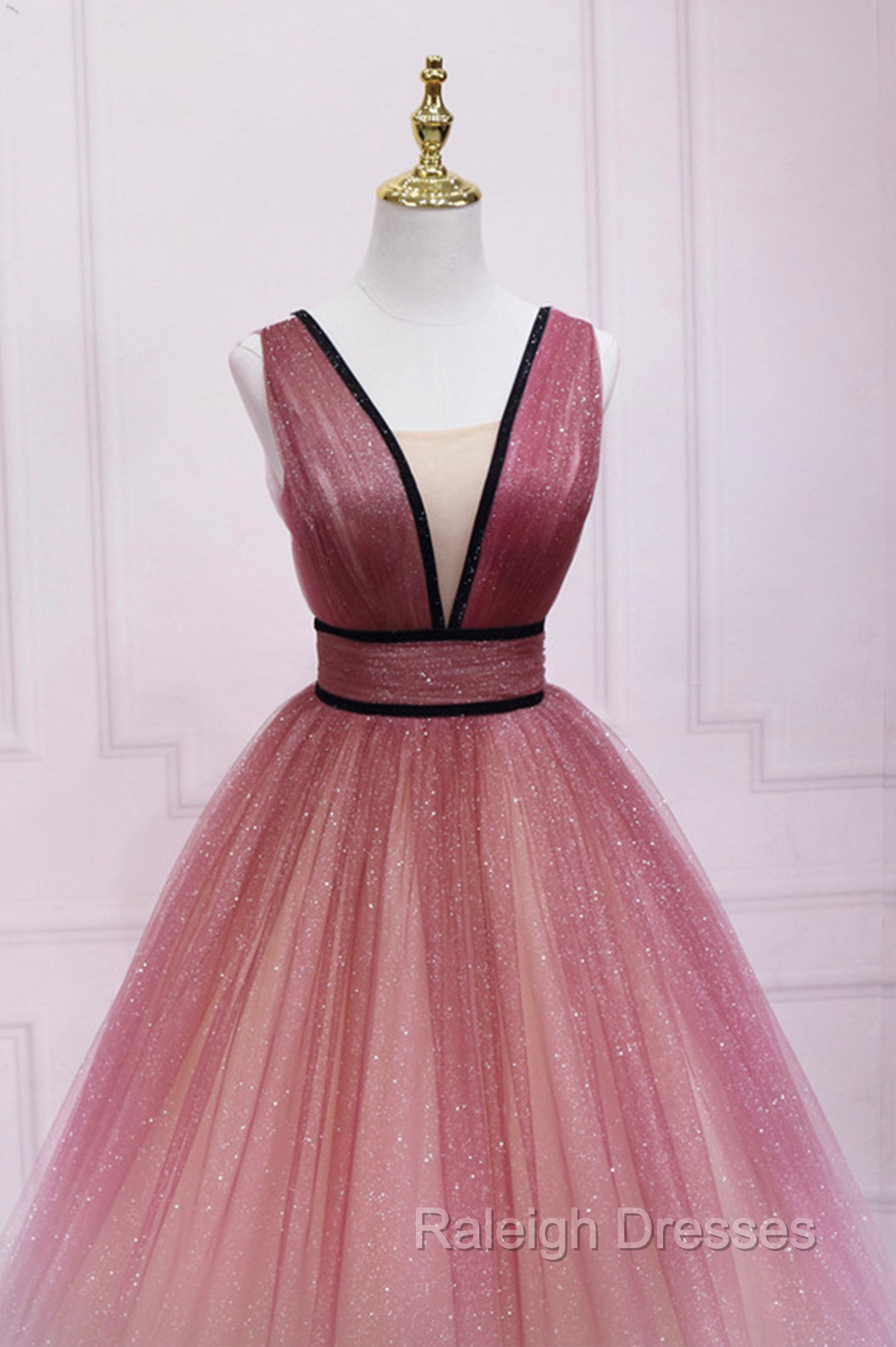 Burgundy Gradient Tulle Long Evening Dress, A-Line V-Neck Graduation Party Dress Secondary image
