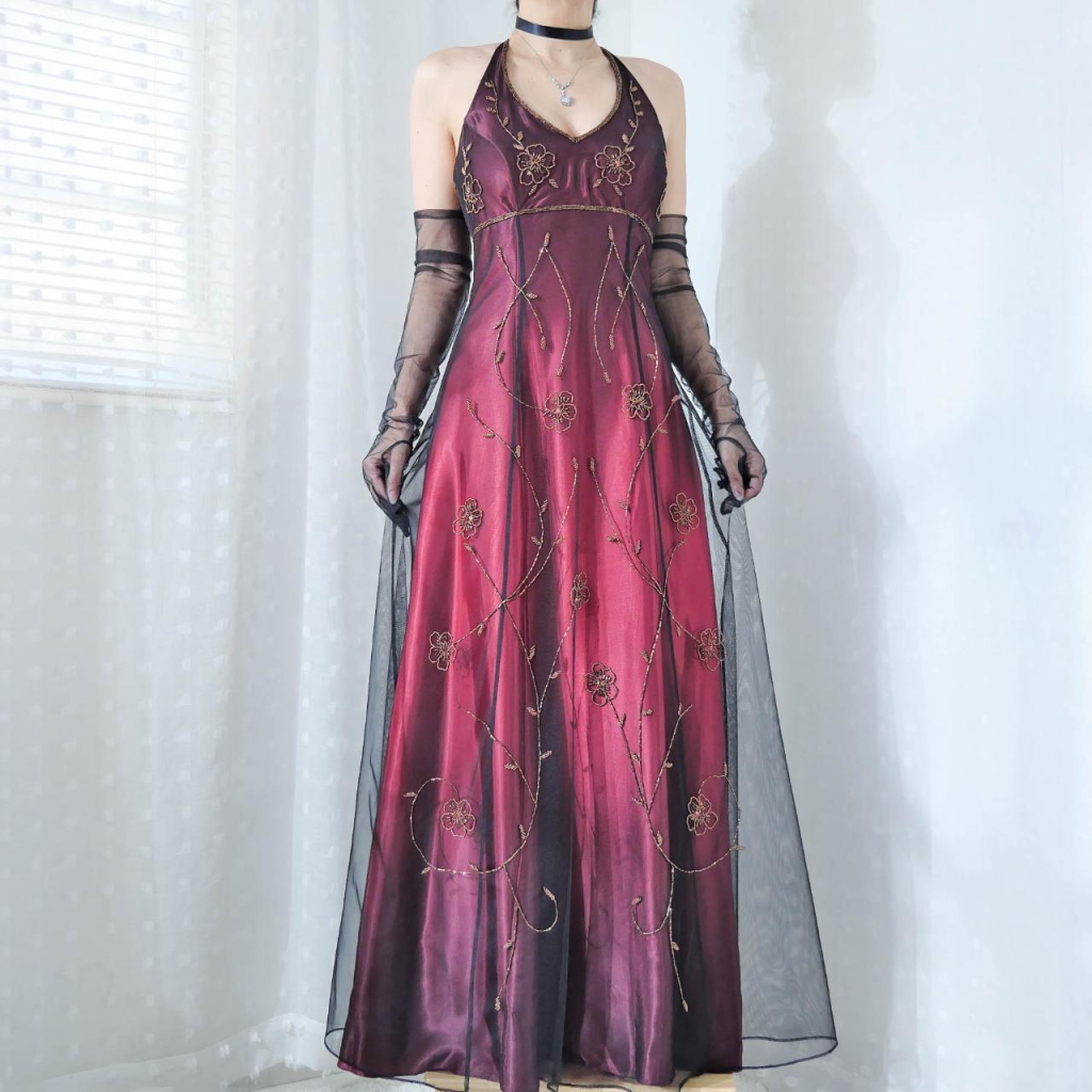 Vintage Fuchsia Halter-Neck A-Line Beaded Chiffon Prom Dresses Long Prom Gowns