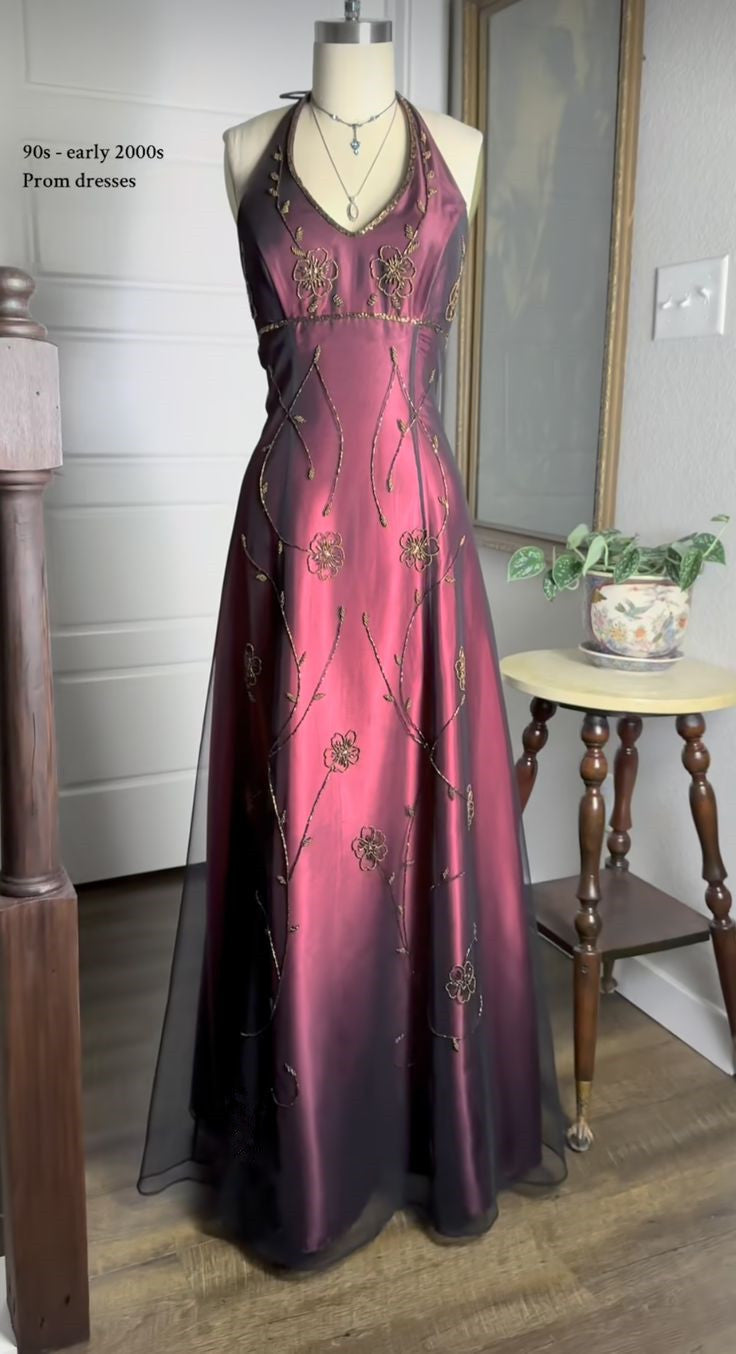 Vintage Fuchsia Halter-Neck A-Line Beaded Chiffon Prom Dresses Long Prom Gowns