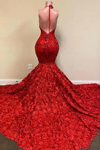 Burgundy Halter Mermaid V-Neck Low Back Flowers Prom Dresses