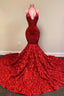 Burgundy Halter Mermaid V-Neck Low Back Flowers Prom Dresses