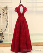 Burgundy High Low Lace Long Prom Dress, Burgundy Prom Dress