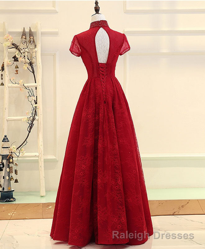 Burgundy High Low Lace Long Prom Dress, Burgundy Prom Dress