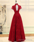 Burgundy High Low Lace Long Prom Dress, Burgundy Evening Dress