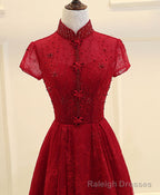 Burgundy High Low Lace Long Prom Dress, Burgundy Evening Dress