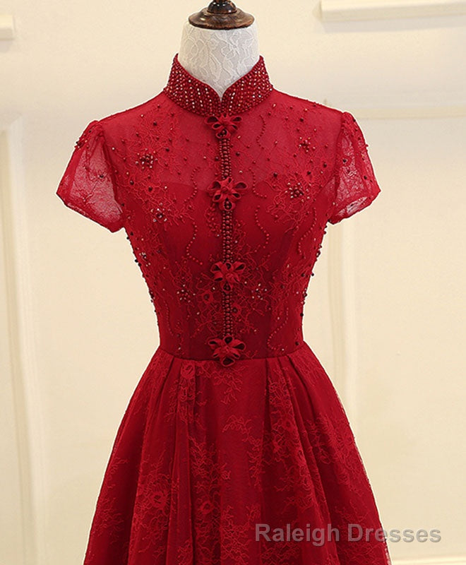 Burgundy High Low Lace Long Prom Dress, Burgundy Evening Dress