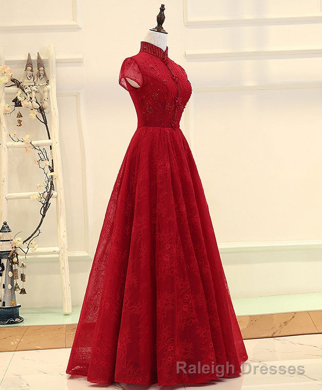 Burgundy High Low Lace Long Prom Dress, Burgundy Evening Dress