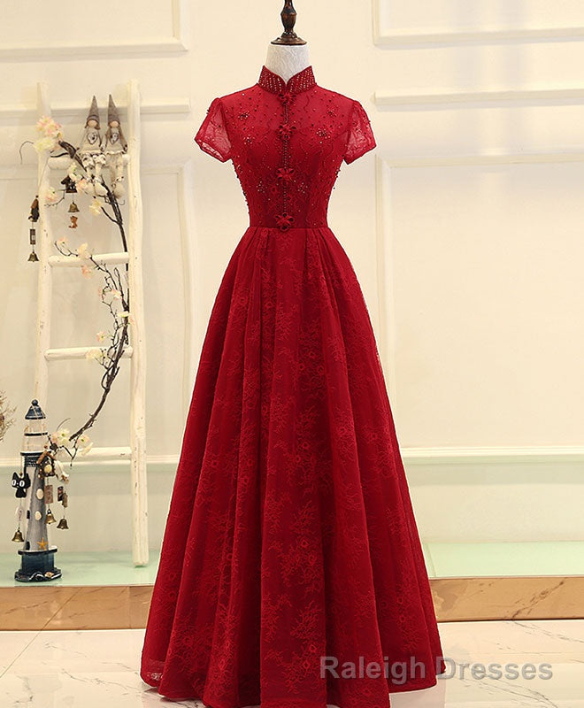 Burgundy High Low Lace Long Prom Dress, Burgundy Evening Dress Secondary image