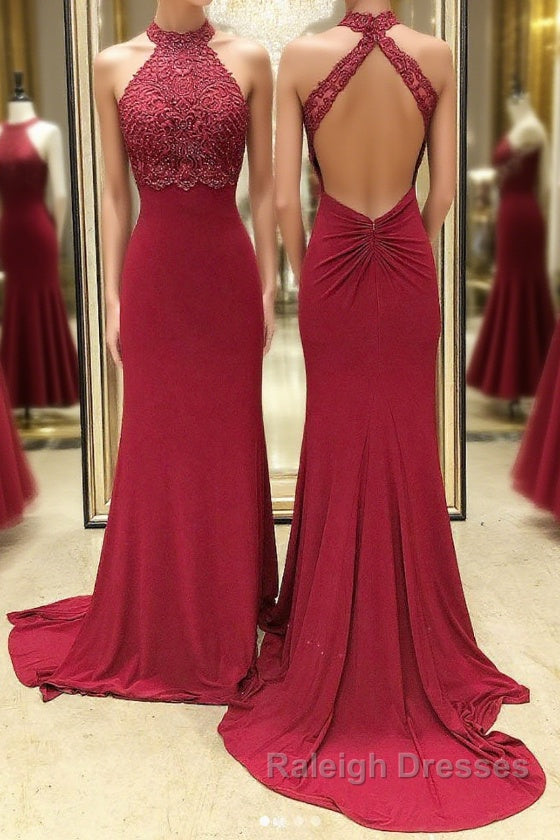 Burgundy high neck lace mermaid long prom dress, lace evening dress Main image